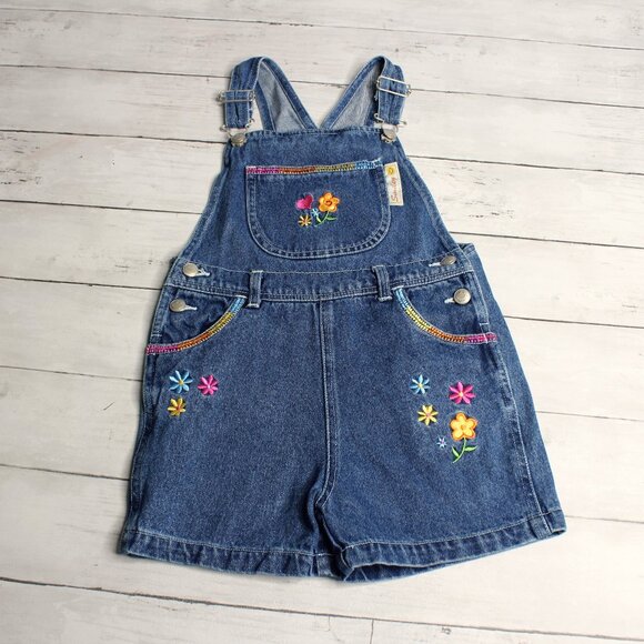 Smiley Denim Blue Jean Bib Overall Shorts Girl's Size 4 5 Smiley Face - Picture 1 of 7
